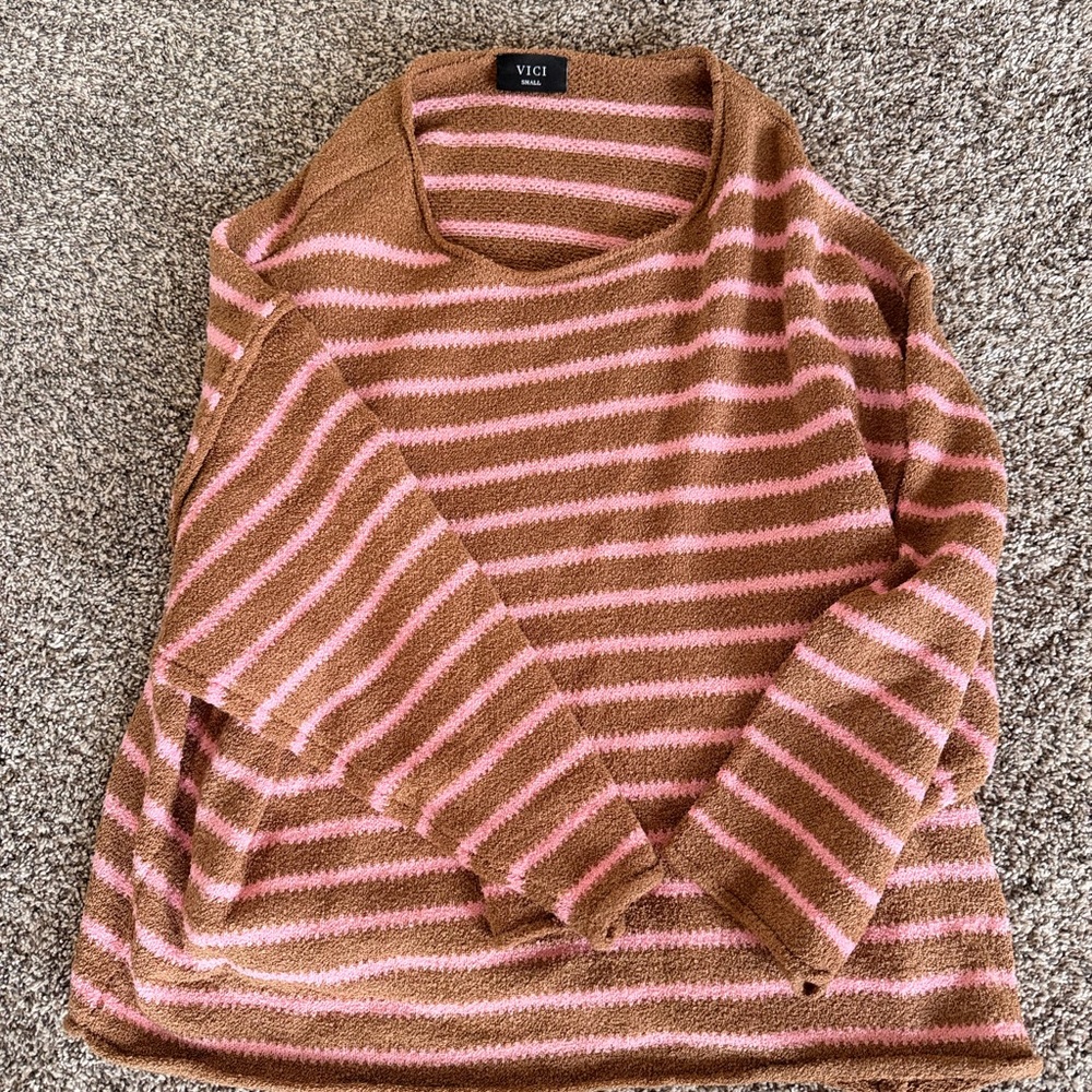 Vici Brown and Pink Striped Crew Neck Sweater